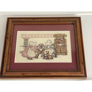 Vtg Completed Cross Stitch SunBonnet Sue By Carol Emmer In Wood Frame 11.5X10